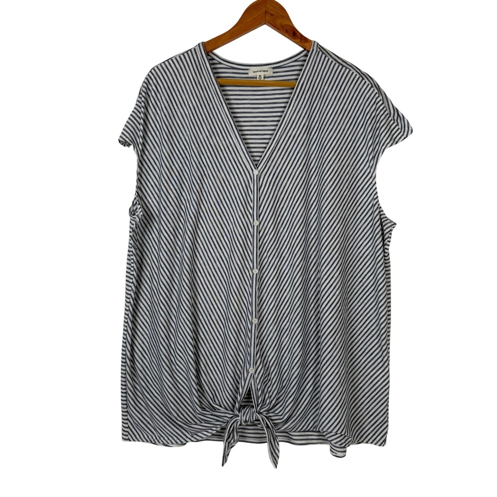 Max Studio Button Front Top Womens 3X Blue Striped V-Neck Tie Front Sleeveless
